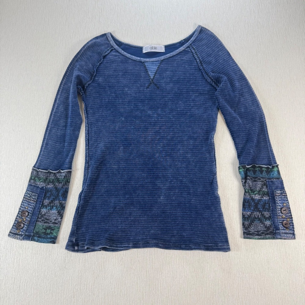 Y2K Vtg Able Women XL Blue Acid Wash Waffle Henley Thermal Top Bella Elena